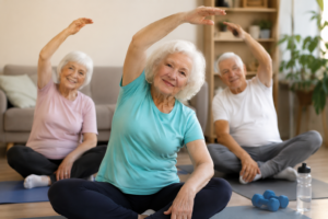 Gentle stretches in a cozy living room