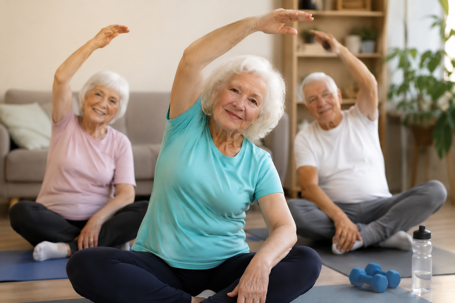 Gentle stretches in a cozy living room