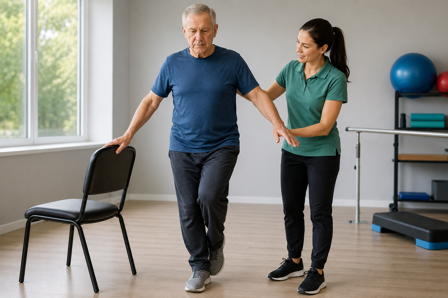 Therapist assisting senior with balance exercise
