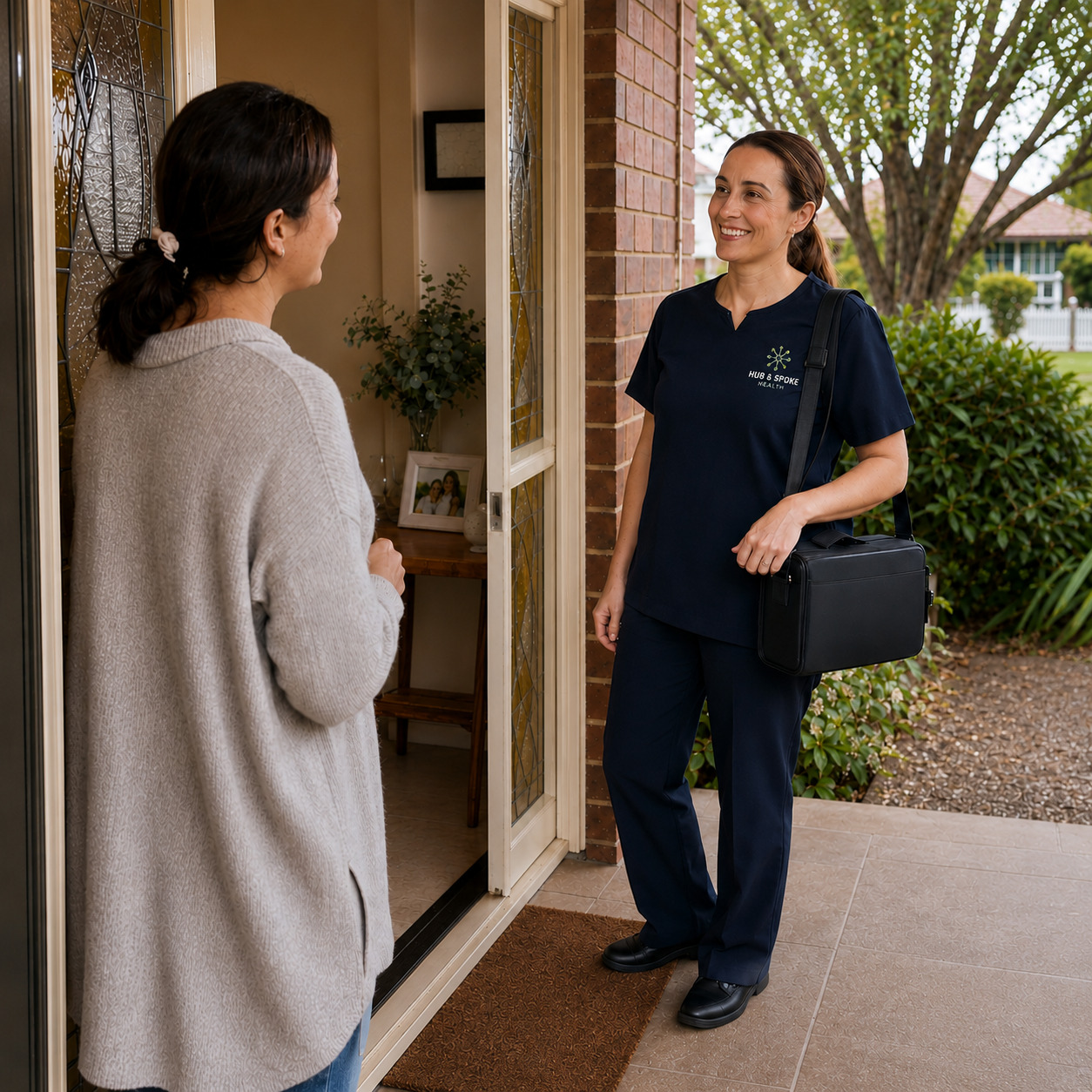 Speech pathologist arriving for a welcoming home visit at a client's doorway in Melbourne
