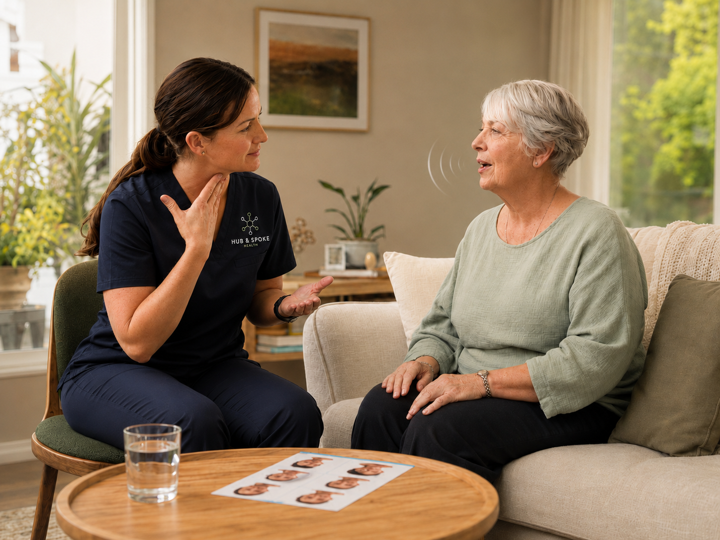 Supportive speech therapy session taking place at home with a mobile speech pathologist